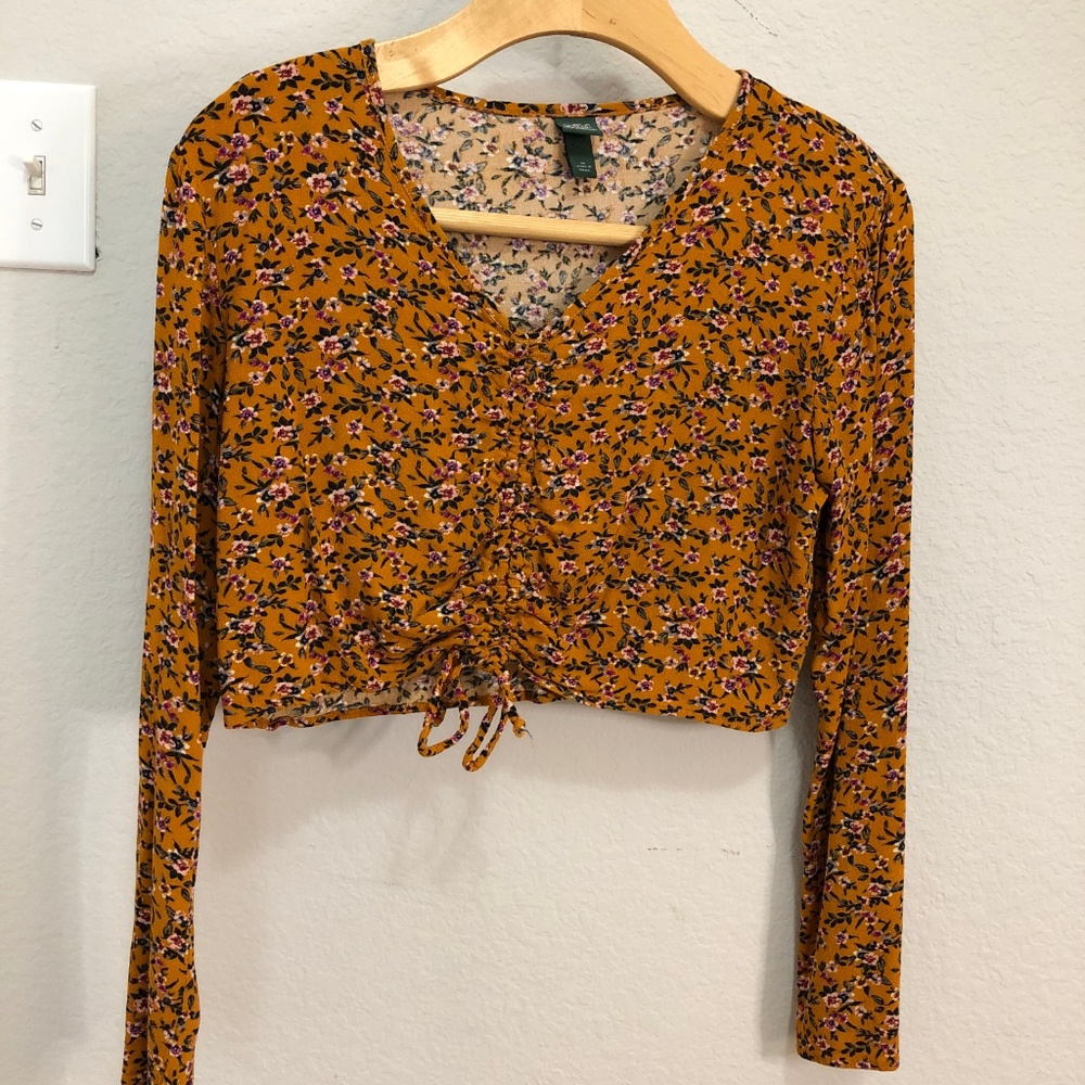 Ochre yellow and floral crop top